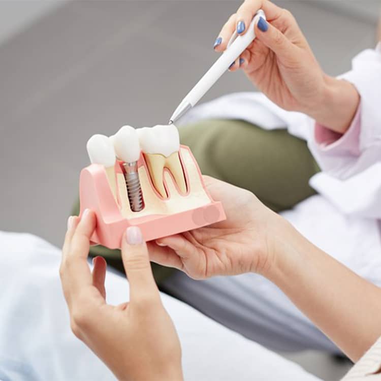 a close-up of a dentist showing a patient how to care for dental implants