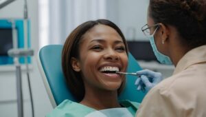 patient smiling with clean teeth at dentist’s office