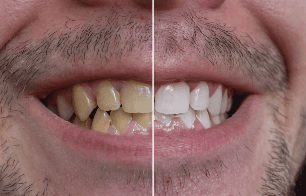 before and after results of a teeth whitening treatment