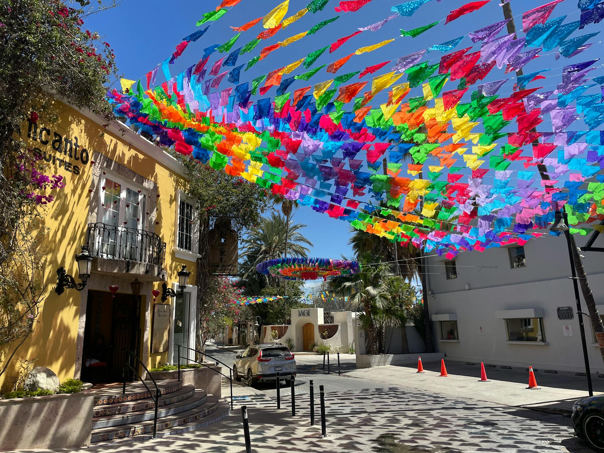 San Jose del Cabo street with colorful flags hanging